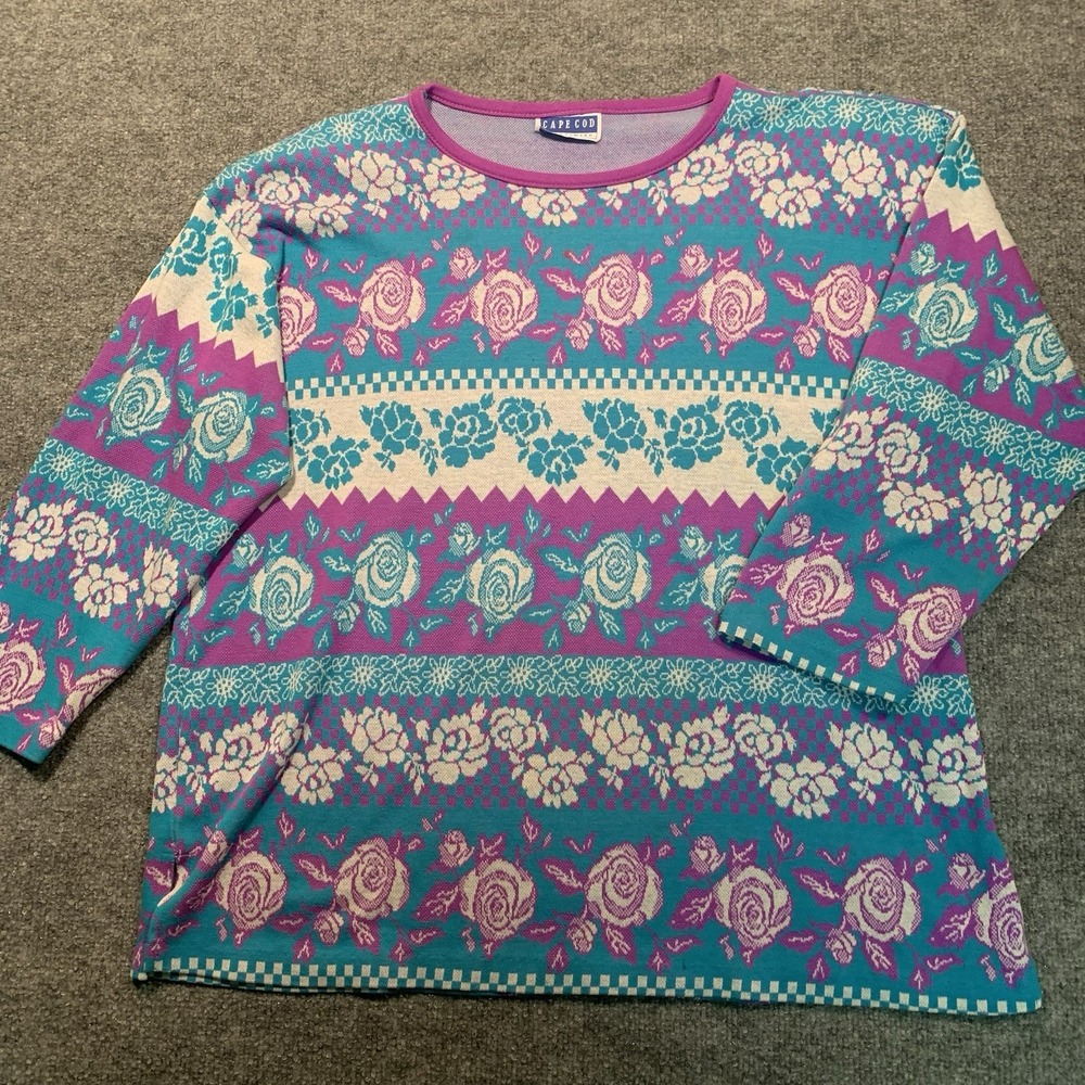 CAPE COD Coastal Grandma Sweater Vtg 80s-90s Pink & Teal Rose Floral, Womens XL